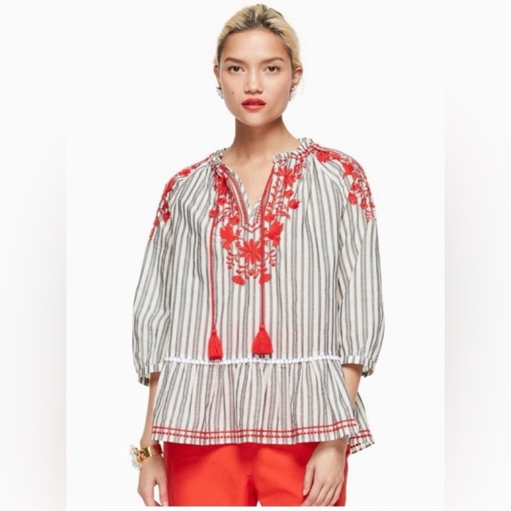 Kate Spade Broome Street Embroidered Stripe XS Top